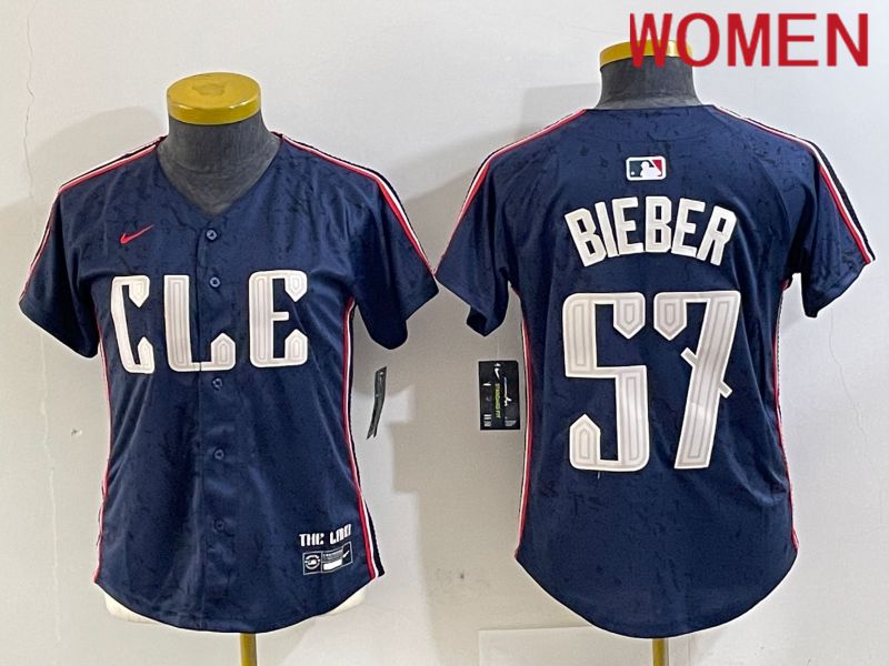 Women Cleveland Indians #57 Bieber Blue City Edition Nike 2024 MLB Jersey style 1